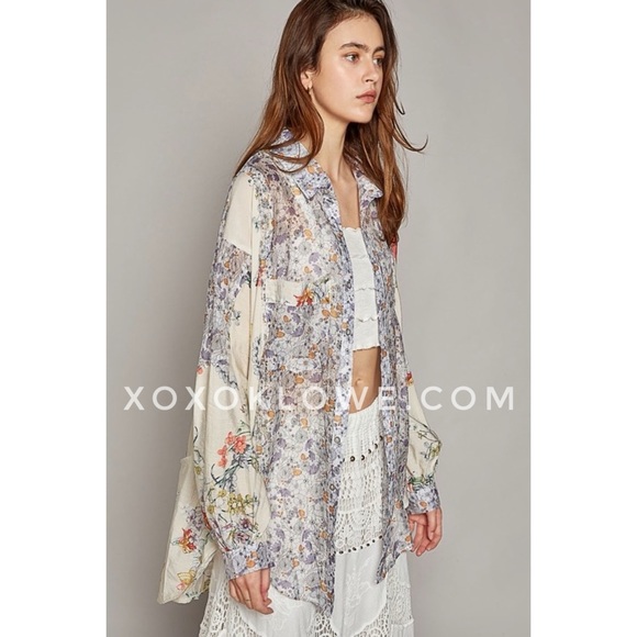 POL Lavender Cream Mixed Floral Print Button Down Shirt Oversized - Picture 4 of 14